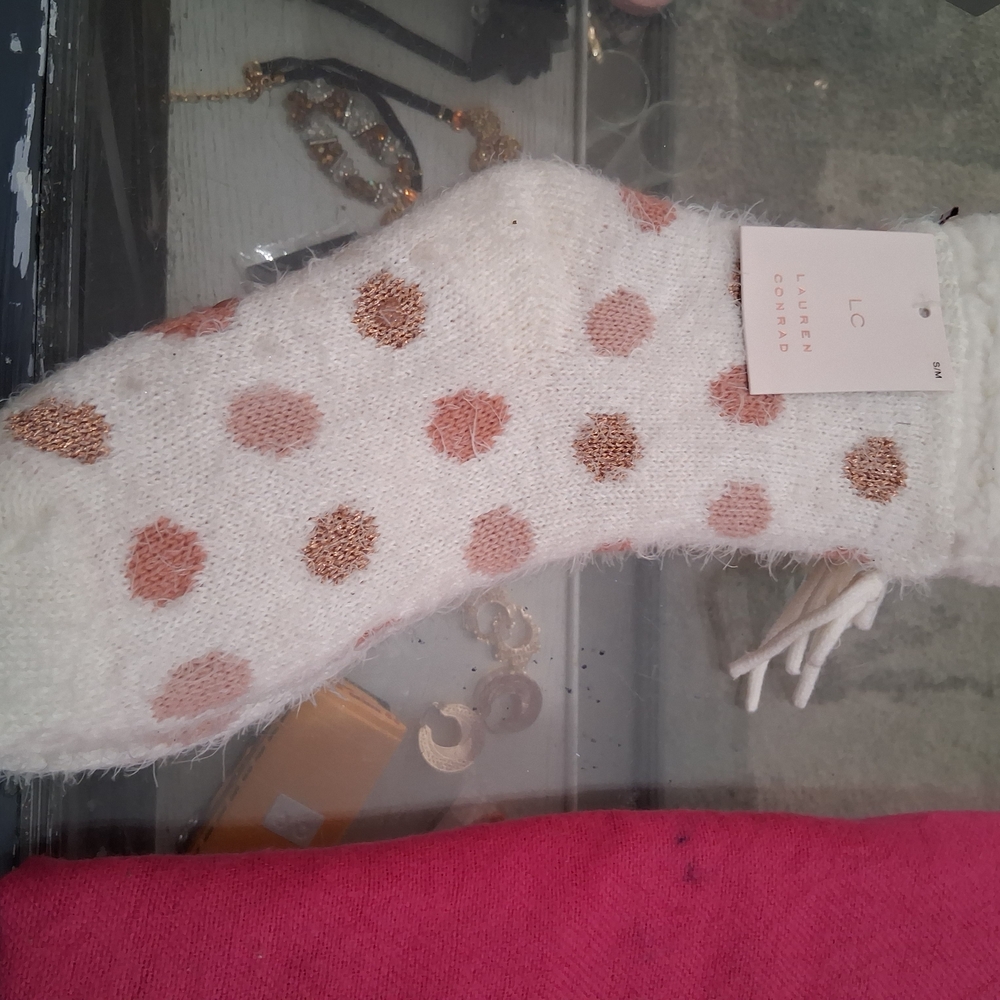 LC Lauren Conrad Cream and Gold Polka Dot Socks